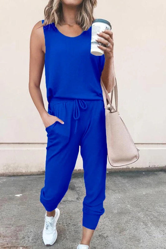 Antmvs Drawstring Waist Round Neck Jumpsuit