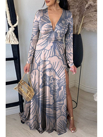 Printed Neck Pleated Elegant Slit V-Neck Maxi Dress