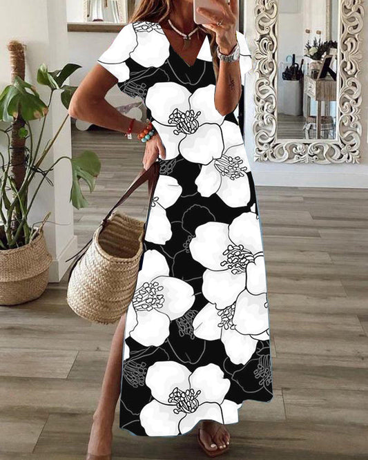 Casual Floral Print V-Neck Short Sleeve Hem Slit Maxi Dress