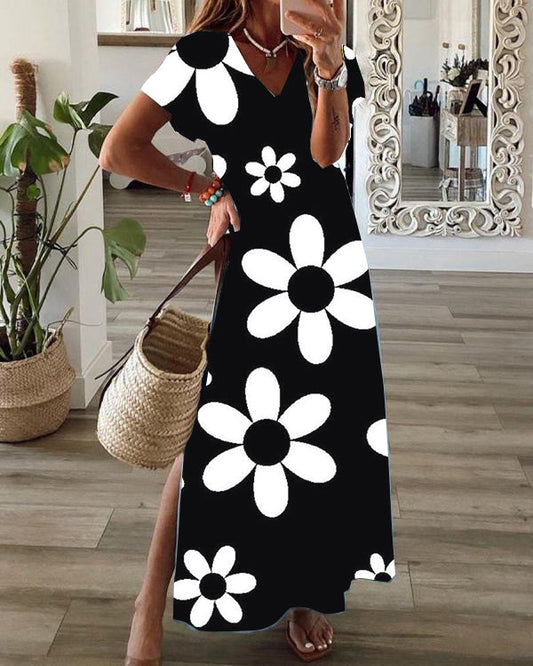 Casual Floral Print V-Neck Short Sleeve Hem Slit Maxi Dress