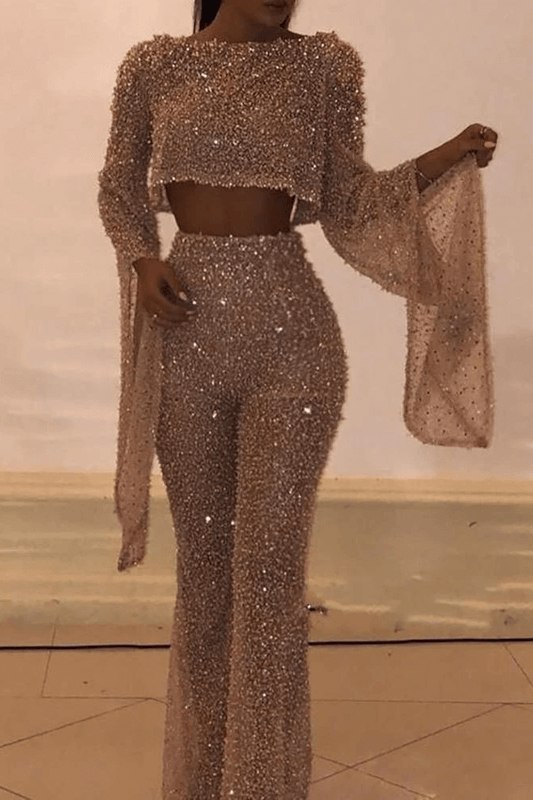 Antmvs Sequins Batwing Sleeve Cropped Jumpsuit