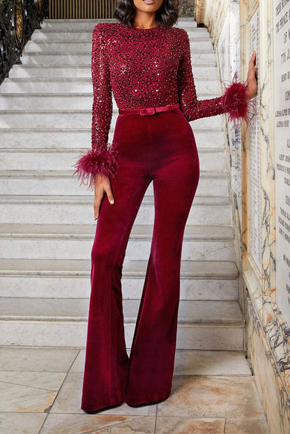 Antmvs Ready for Vegas Feather Detail Trim Sequin Jumpsuit