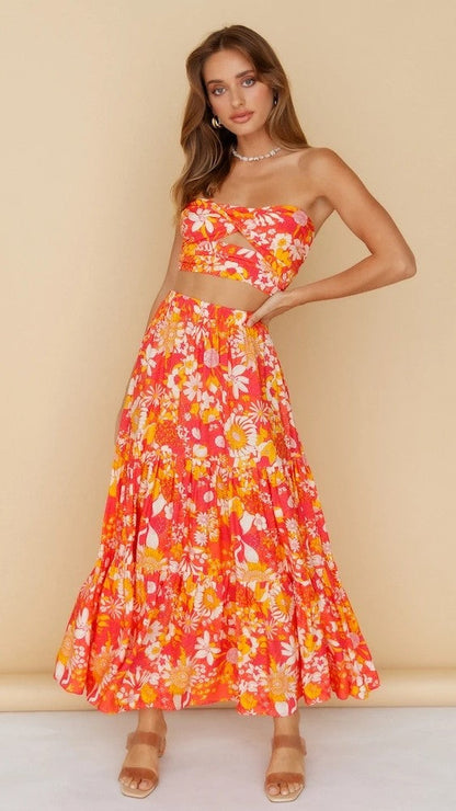 Antmvs Orange Red Floral Off Shoulder Top and Skirt Sets