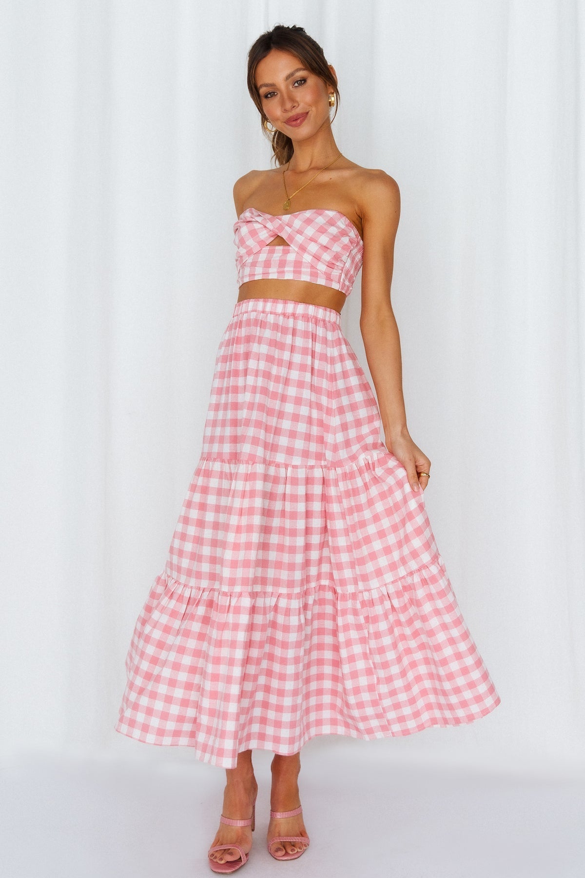 Antmvs Pink Plaid Off Shoulder Top and Skirt Sets