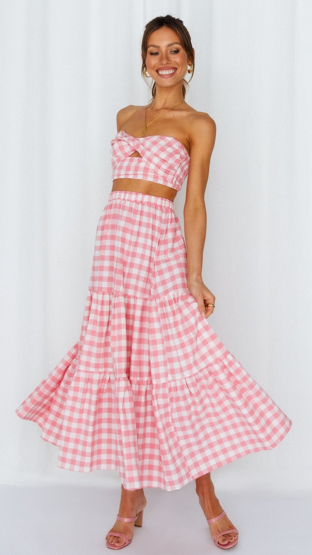 Antmvs Pink Plaid Off Shoulder Top and Skirt Sets