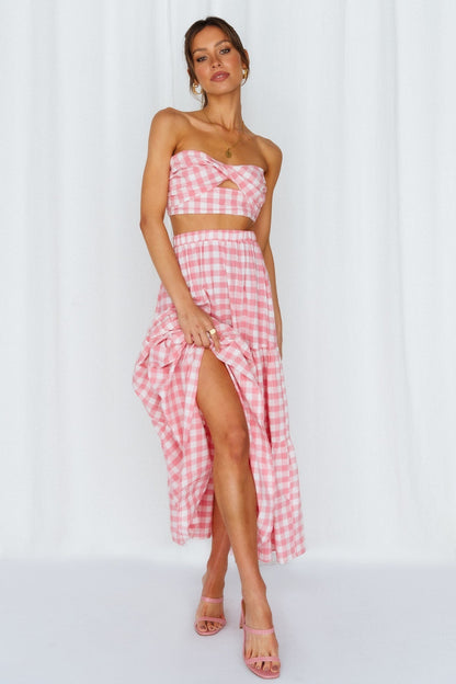 Antmvs Pink Plaid Off Shoulder Top and Skirt Sets