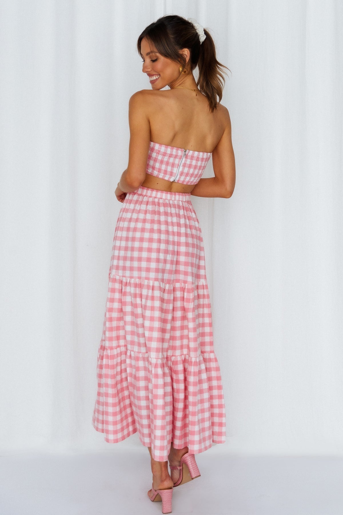 Antmvs Pink Plaid Off Shoulder Top and Skirt Sets