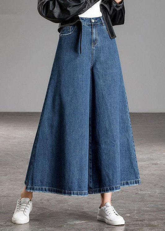 Antmvs Bohemian Blue High Waist Pockets Wide Leg Fall Denim Pants