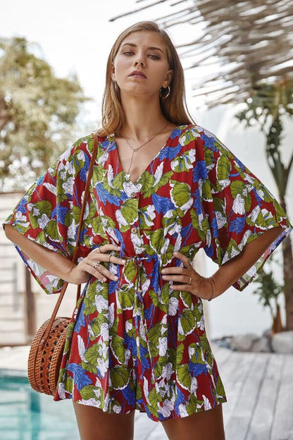 Antmvs Sexy V-Neck Flower Print Jumpsuit