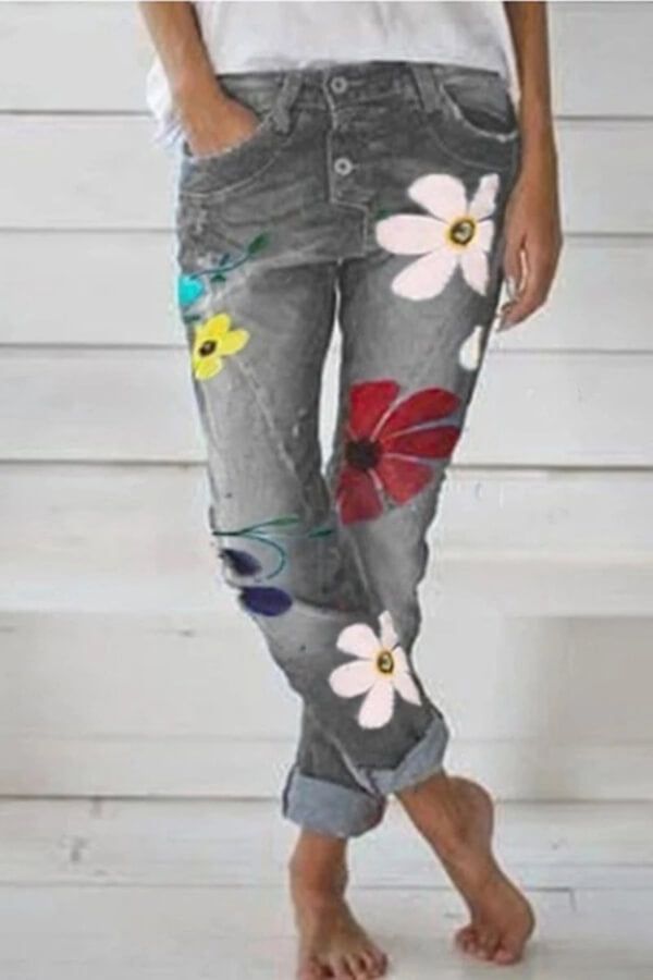 Antmvs Casual Wear Flower Print Regular Fit Jeans