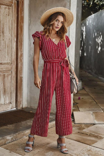 Antmvs Stylish V-Neck Ruffled Jumpsuit