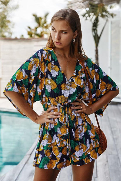 Antmvs Sexy V-Neck Flower Print Jumpsuit