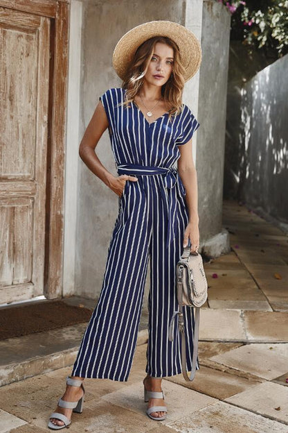 Antmvs Casual V-Neck Stripe Jumpsuit (with belt)