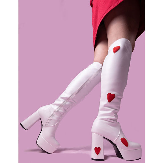 Amozae Brand New Fashion Women's Knee High Boots Platform Square High Heels Boots Mature Concise Heart Shoes