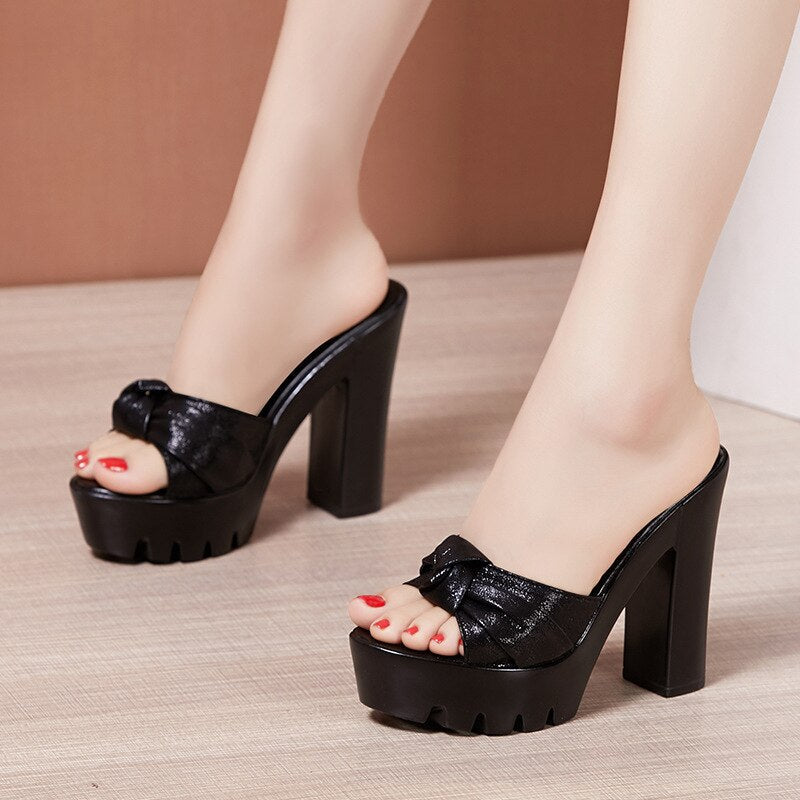 Amozae Plus Size 32-43 Platform Slides Summer Wedding Shoes Open Head Bow High Heels Slippers Ladies Party Office Slipper Shoes