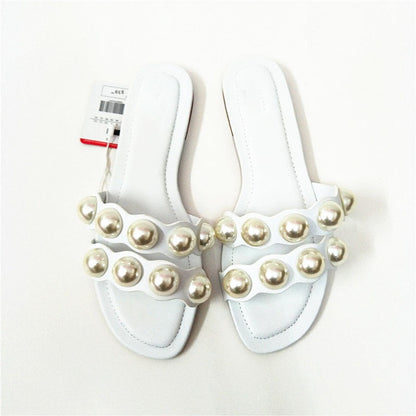 antmvs Fashion Flat Slippers Party  shoes Fulgurant Pearl Sandals thin Belt Roman Flat Women Flip Flops Casual Beach