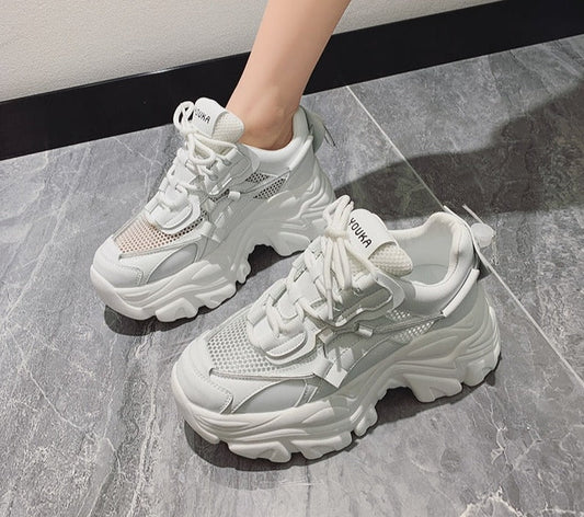 antmvs Spring Women Chunky Sneakers Fashion Solid Color Platform Shoes Lace Up Breathable Mesh Vulcanize Shoes Women Casual Shoes