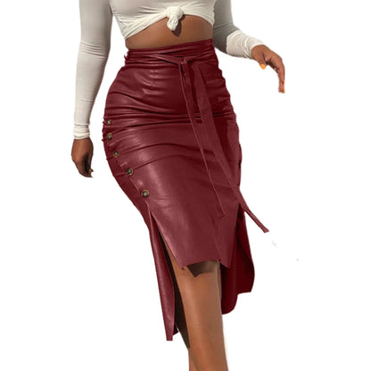 antmvs-Women Trendy PU Leather Midi Skirt Solid Color High Waist Lace-Up Side Button Ladies Slim Skinny Pencil Skirt Streetwear