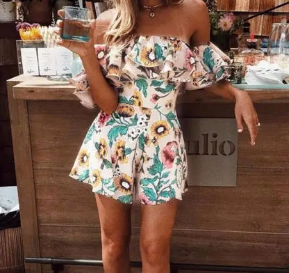 antmvs-Womens Summer Off Shoulder Ruffle Romper Short Suspenders Jumpsuits Overall Lady Floral Printed Playsuit Beach Short Jumpsuits