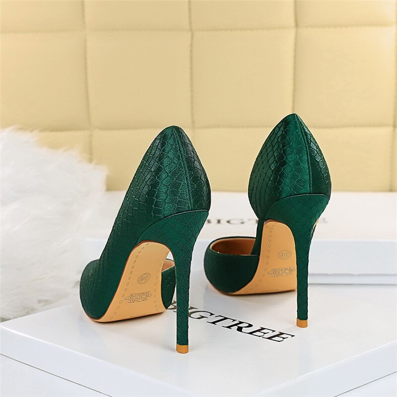 Amozae Elegant Women Serpentine Silk Pumps Pointed Toe 10.5cm High Heels Ladies Paty Plus Size Satin Green Fetish Designer Shoes