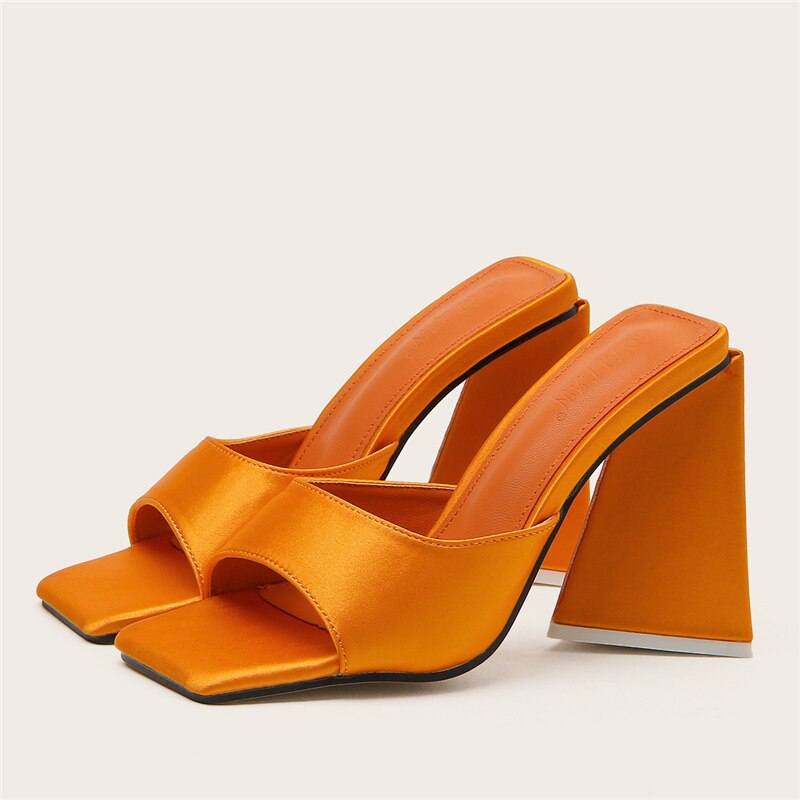 Amozae  Women Design 11cm High Heels Slides Mules Summer Silk Thick Block Heels Sandals Slingback Orange Slipper Party Chunky Shoes