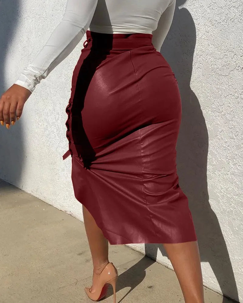 antmvs-Women Trendy PU Leather Midi Skirt Solid Color High Waist Lace-Up Side Button Ladies Slim Skinny Pencil Skirt Streetwear