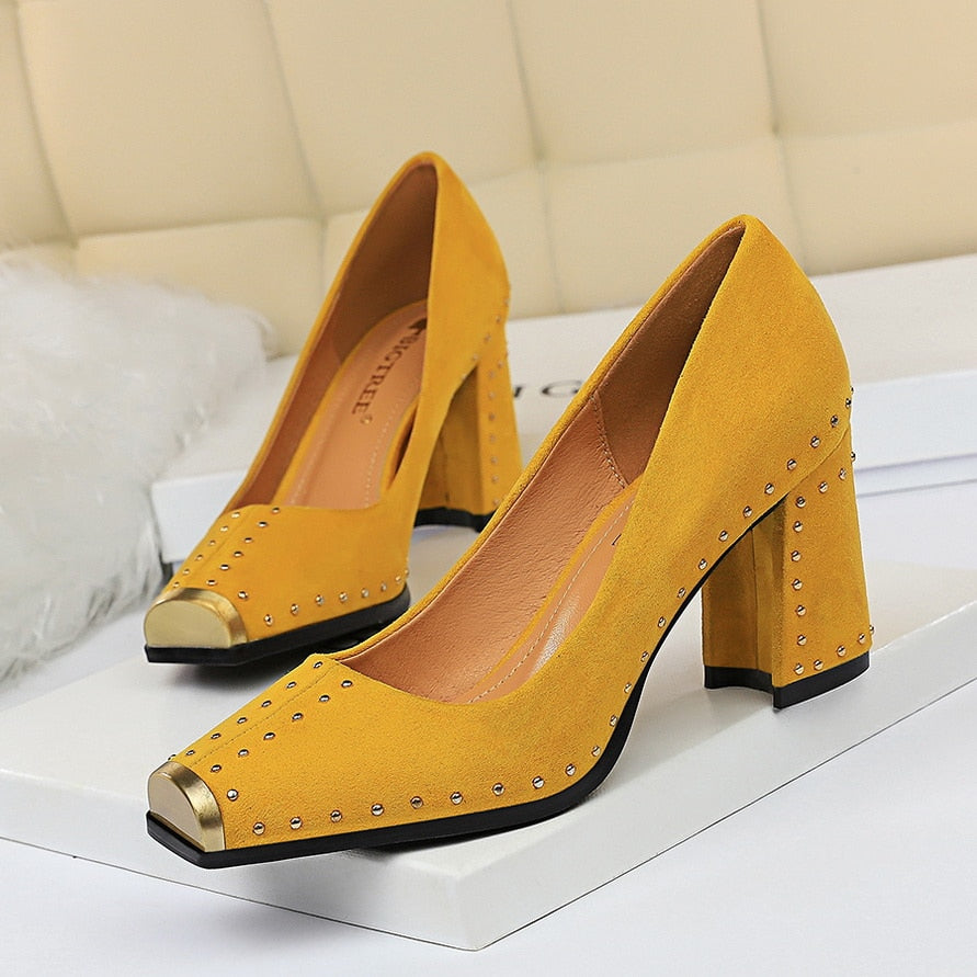 Amozae Women 7.5cm High Heels Lady Escarpins Chunky Rivets Lady Block Block Low Heels Square Toe Office Blue Yellow Studded Shoes