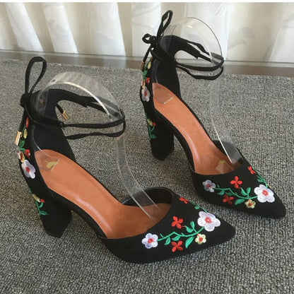 Amozae Women High Heels Plus Size Embroidery Pumps Flower Ankle Strap Shoes Female Two Piece   Party Wedding Pointed Toe