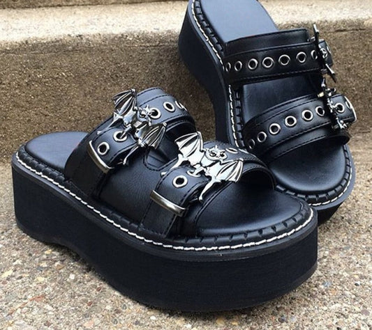 antmvs Summer  Double Strap Buckles  Platform Wedges Fashion Goth Slippers Hot Women's Matal  Sandal For Comfy  Black Shoes