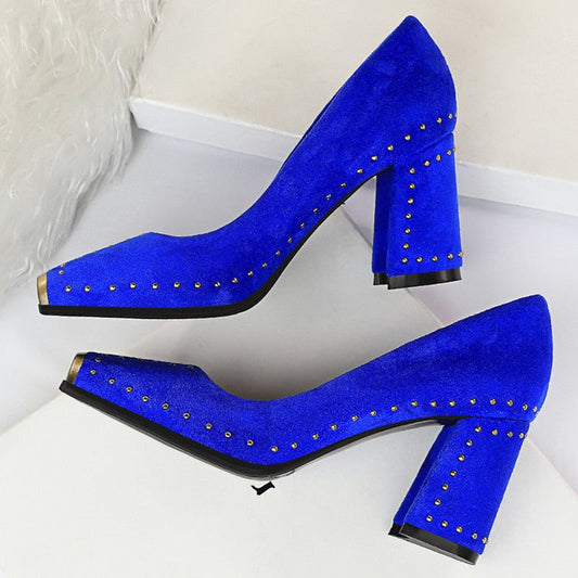 Amozae Women 7.5cm High Heels Lady Escarpins Chunky Rivets Lady Block Block Low Heels Square Toe Office Blue Yellow Studded Shoes