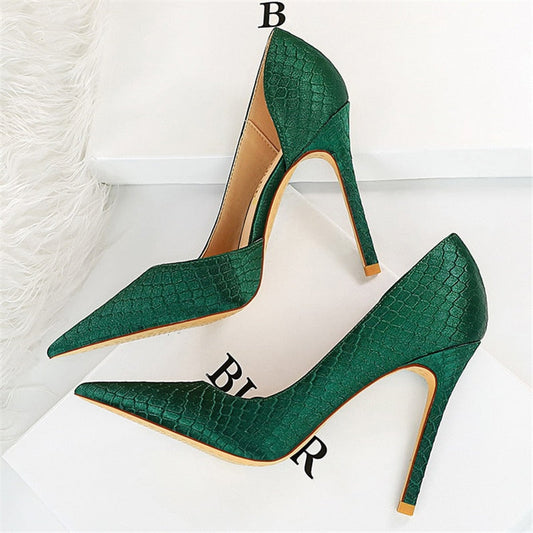 Amozae Elegant Women Serpentine Silk Pumps Pointed Toe 10.5cm High Heels Ladies Paty Plus Size Satin Green Fetish Designer Shoes