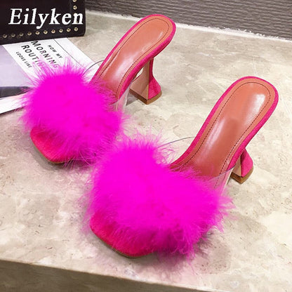 Eilyken Woman Feather Transparent High heels Fur Slippers Sandals Women Peep toe Mules Lady Pumps Slides White size 35-41