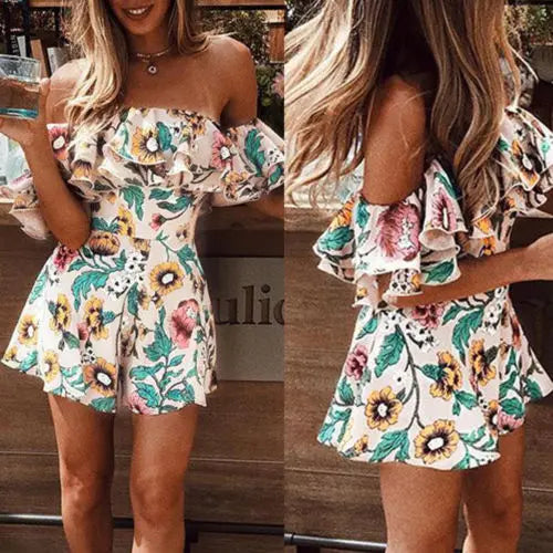 antmvs-Womens Summer Off Shoulder Ruffle Romper Short Suspenders Jumpsuits Overall Lady Floral Printed Playsuit Beach Short Jumpsuits