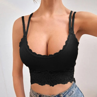 Back to school outfit antmvs  Backless Lace Camisole Backless Crop Top   Ladies Summer Vintage   Sweet Vest Solid Color Simple Top Women's Underwear  0823