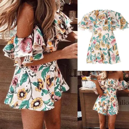 antmvs-Womens Summer Off Shoulder Ruffle Romper Short Suspenders Jumpsuits Overall Lady Floral Printed Playsuit Beach Short Jumpsuits