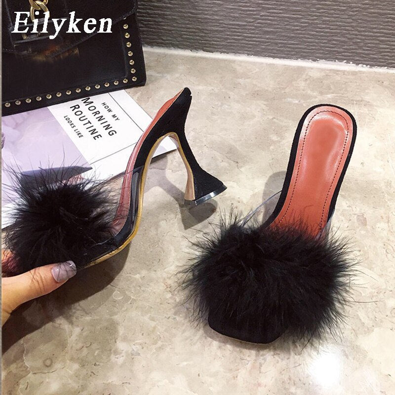 Eilyken Woman Feather Transparent High heels Fur Slippers Sandals Women Peep toe Mules Lady Pumps Slides White size 35-41