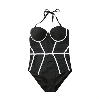 antmvs- Women Strapless Patchwork Body Push Up Swimwear Lady Beachwear 1 Piece Swimsuit Bodysuit Swimming Bathing Suit