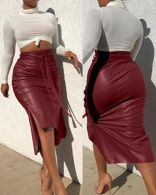 antmvs-Women Trendy PU Leather Midi Skirt Solid Color High Waist Lace-Up Side Button Ladies Slim Skinny Pencil Skirt Streetwear