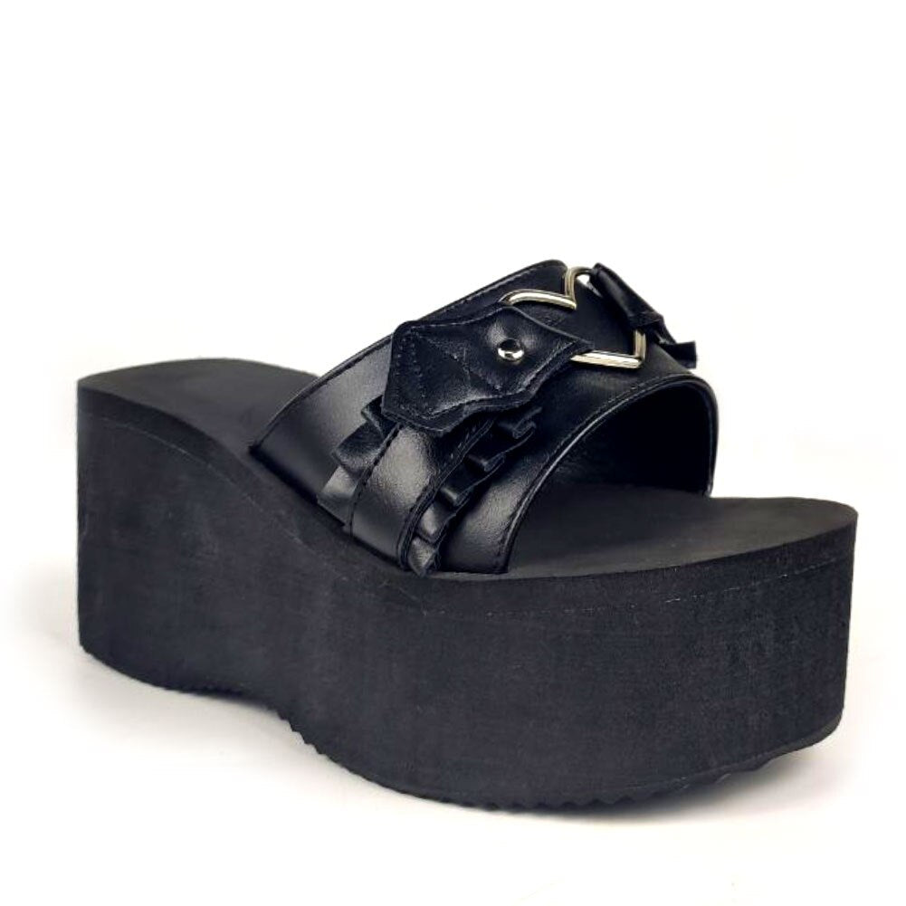 antmvs Summer  Double Strap Buckles  Platform Wedges Fashion Goth Slippers Hot Women's Matal  Sandal For Comfy  Black Shoes