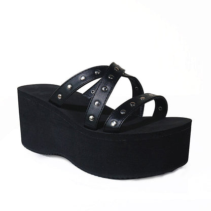 antmvs Summer  Double Strap Buckles  Platform Wedges Fashion Goth Slippers Hot Women's Matal  Sandal For Comfy  Black Shoes