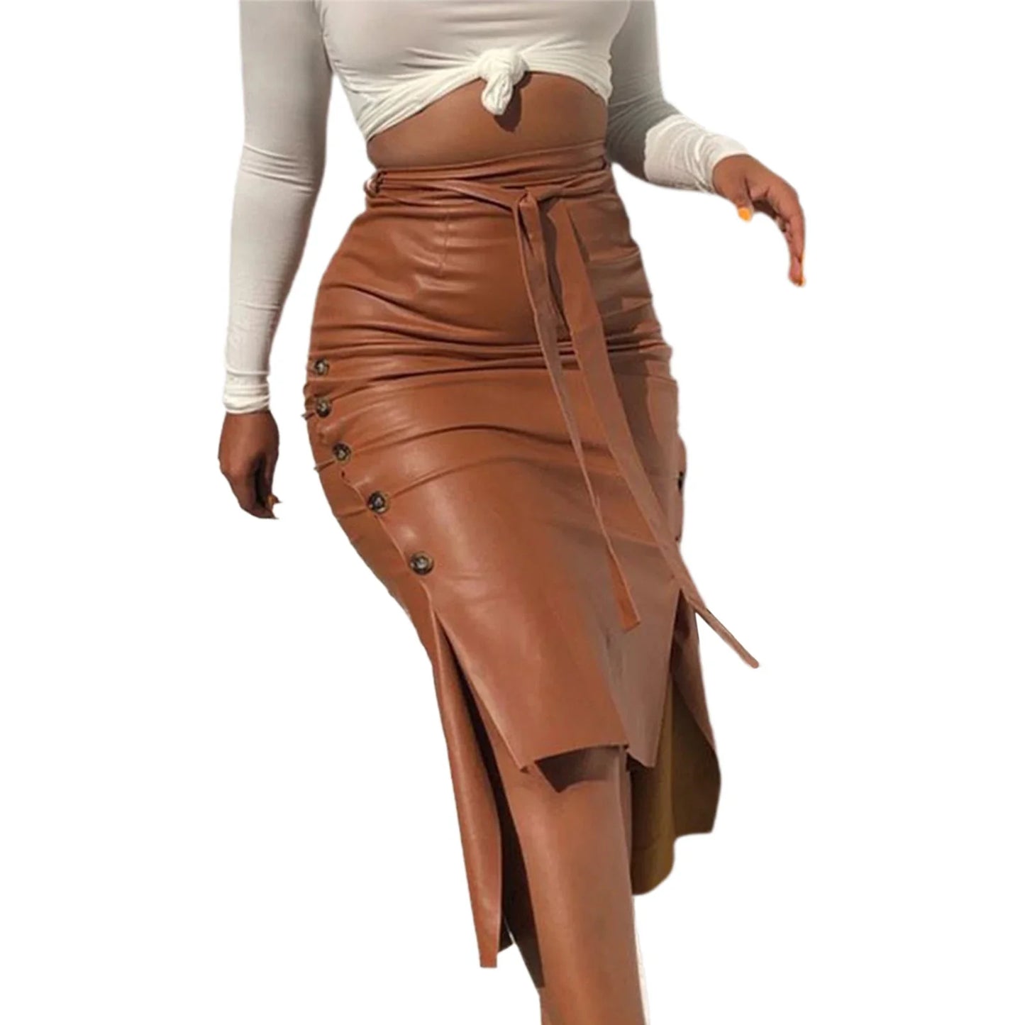 antmvs-Women Trendy PU Leather Midi Skirt Solid Color High Waist Lace-Up Side Button Ladies Slim Skinny Pencil Skirt Streetwear