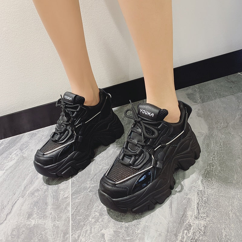 antmvs Spring Women Chunky Sneakers Fashion Solid Color Platform Shoes Lace Up Breathable Mesh Vulcanize Shoes Women Casual Shoes