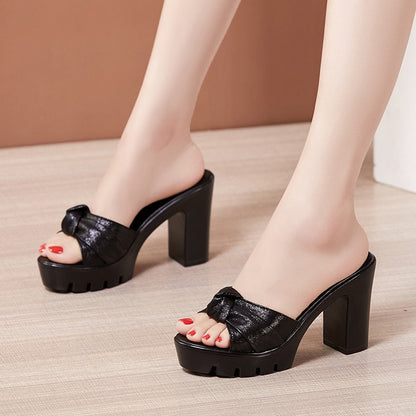 Amozae Plus Size 32-43 Platform Slides Summer Wedding Shoes Open Head Bow High Heels Slippers Ladies Party Office Slipper Shoes