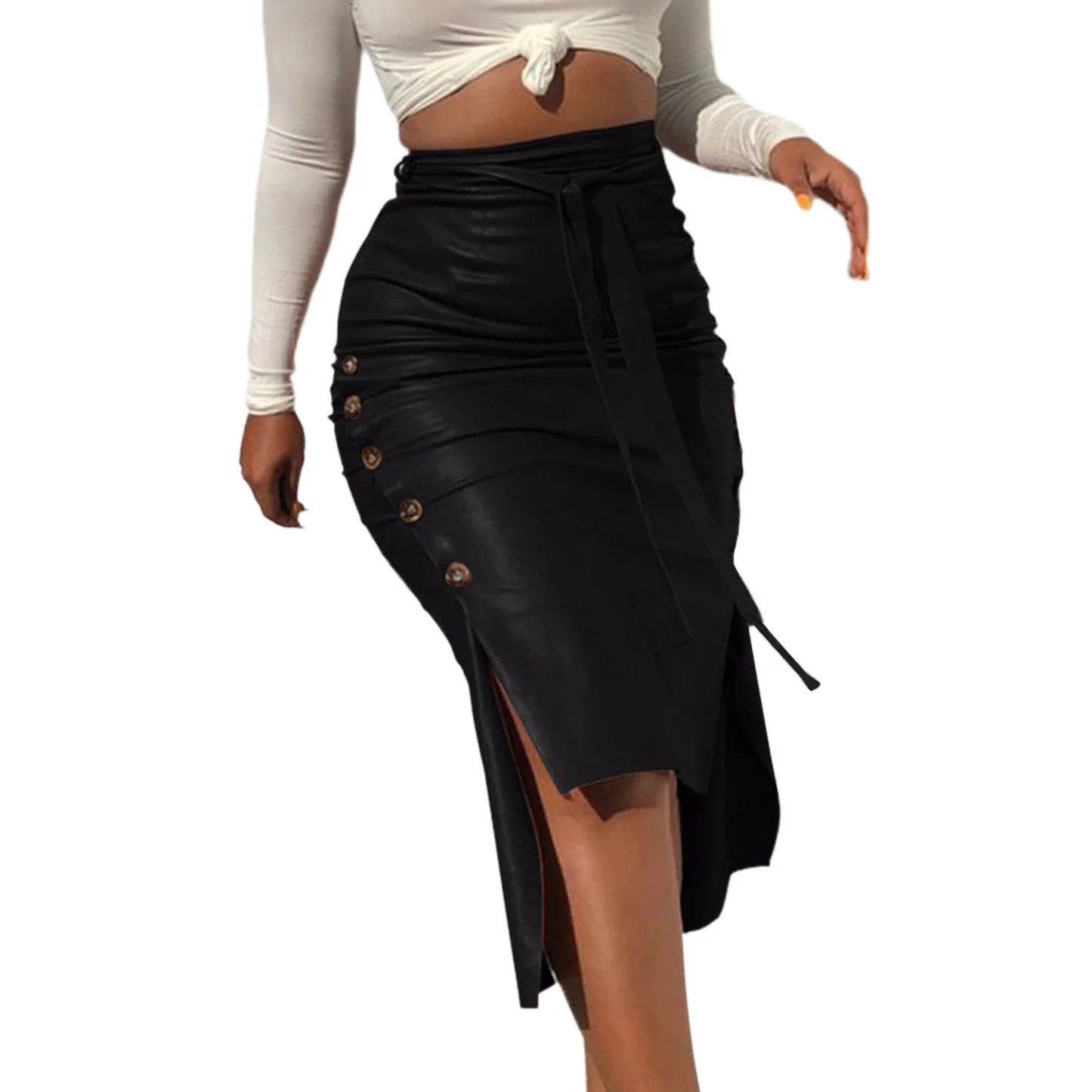 antmvs-Women Trendy PU Leather Midi Skirt Solid Color High Waist Lace-Up Side Button Ladies Slim Skinny Pencil Skirt Streetwear