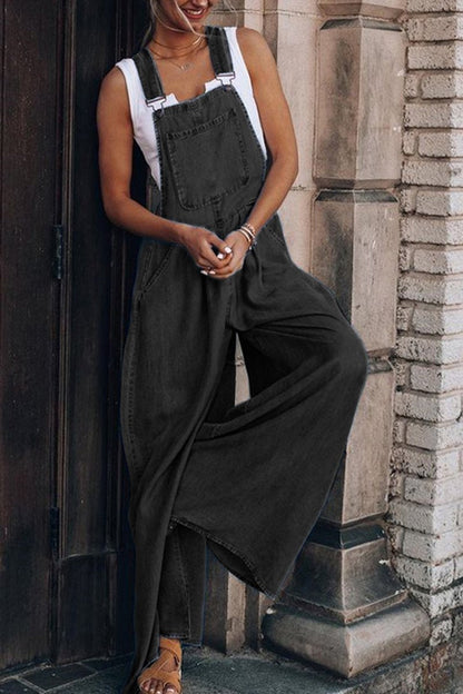 Antmvs Denim Wide Leg Suspenders Jumpsuit