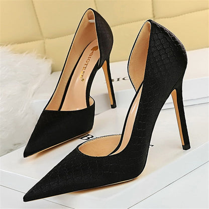 Amozae Elegant Women Serpentine Silk Pumps Pointed Toe 10.5cm High Heels Ladies Paty Plus Size Satin Green Fetish Designer Shoes