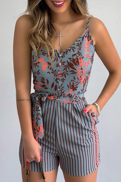 Antmvs Leaf Print Vertical Stripes Romper(With Belt)