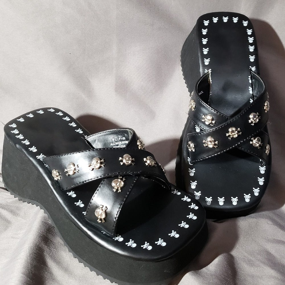 antmvs Summer  Double Strap Buckles  Platform Wedges Fashion Goth Slippers Hot Women's Matal  Sandal For Comfy  Black Shoes