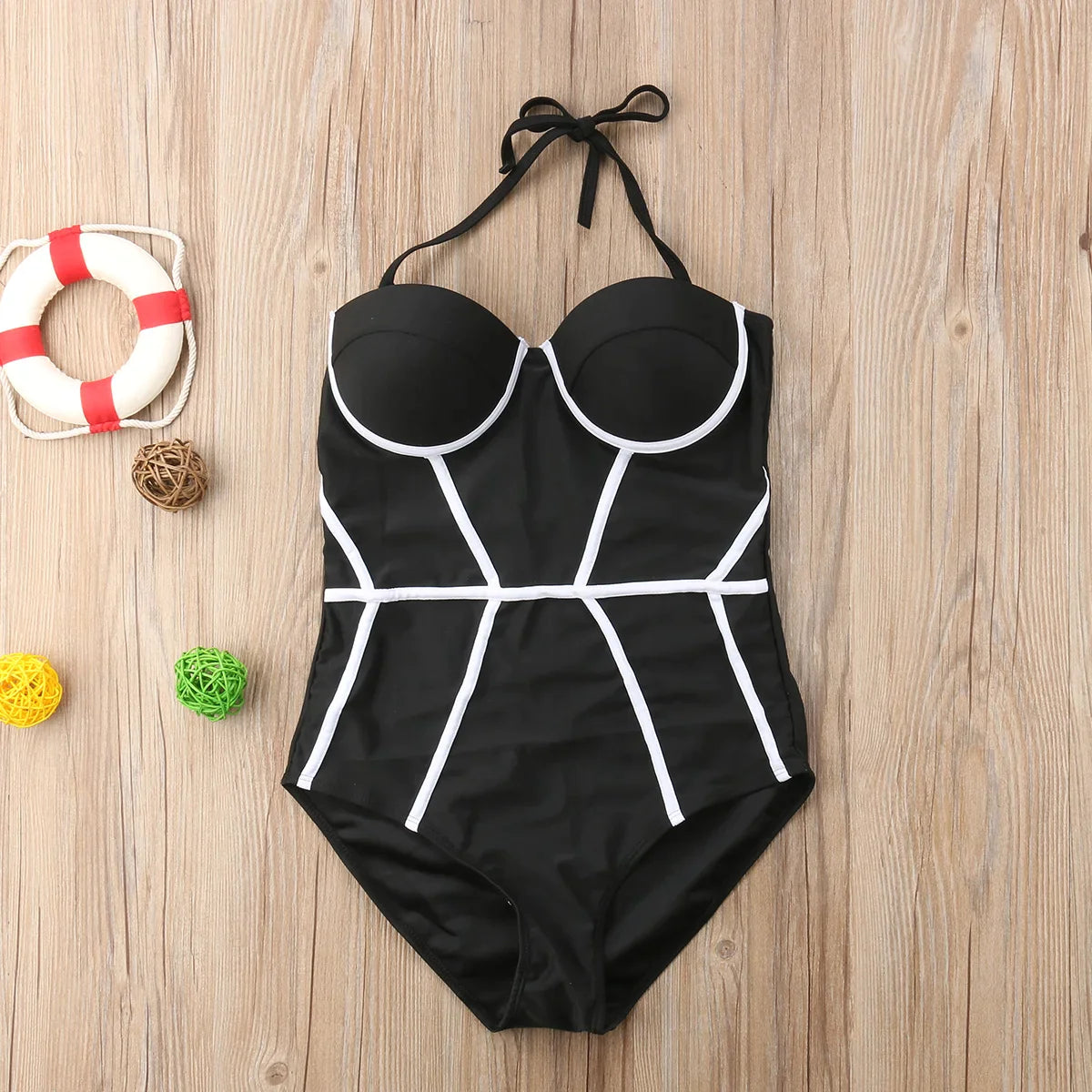 antmvs- Women Strapless Patchwork Body Push Up Swimwear Lady Beachwear 1 Piece Swimsuit Bodysuit Swimming Bathing Suit