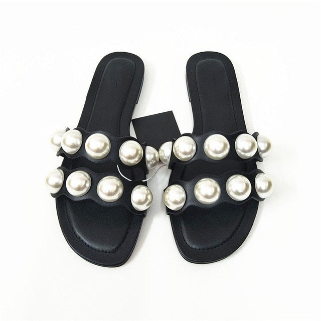 antmvs Fashion Flat Slippers Party  shoes Fulgurant Pearl Sandals thin Belt Roman Flat Women Flip Flops Casual Beach